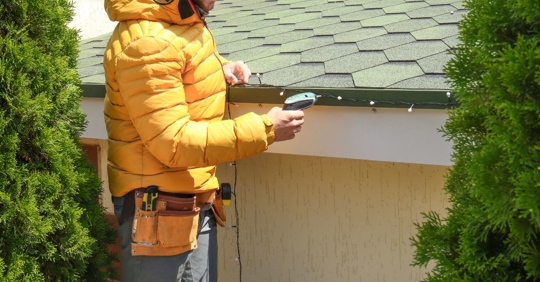 putting up holiday decorations